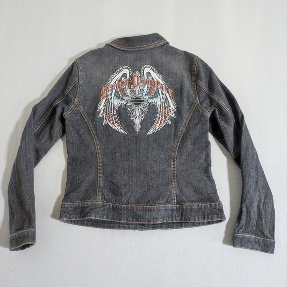 Harley-Davidson denim jacket women's size M grey colour with angel wings graphic - Picture 3 of 11